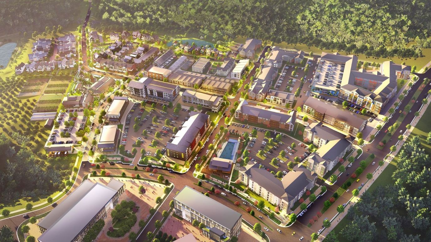 Aerial view of a large senior living campus with facilities