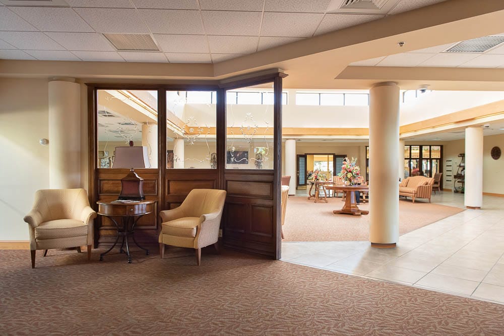 Bright, spacious common area with seating arrangements