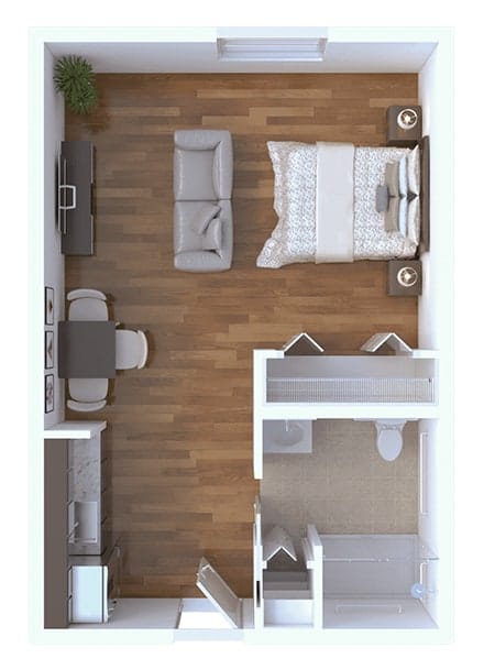 Floor plan of a private resident room with basic furniture