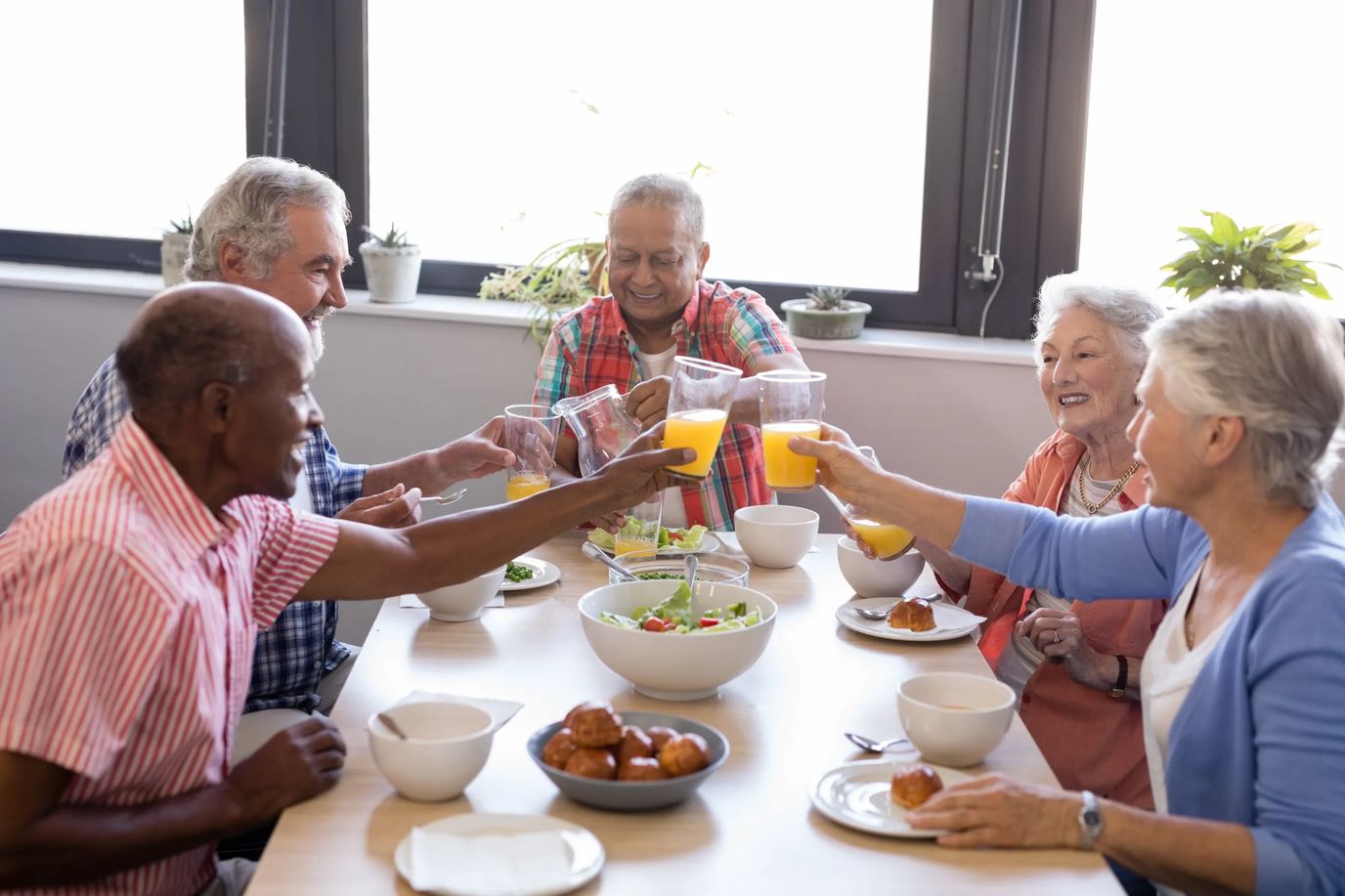 Group of seniors enjoying a meal together and toasting