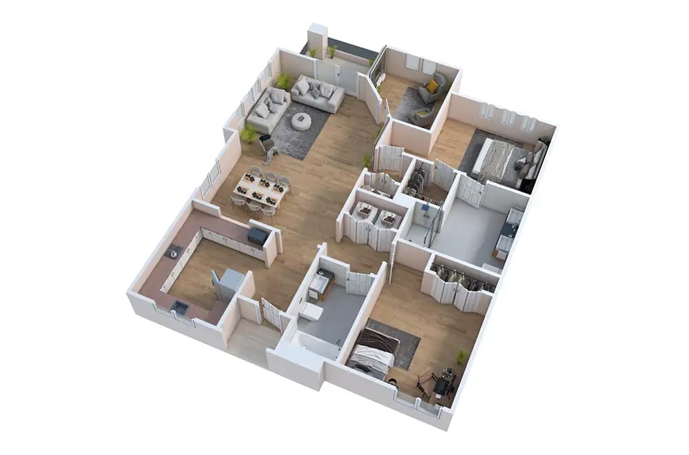 3D floor plan of a senior living unit
