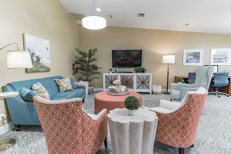Interior view of a cozy common area with seating