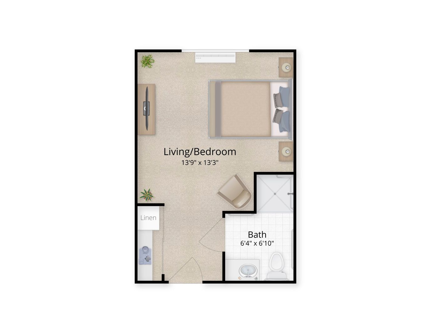 Floor plan of a living and bedroom space