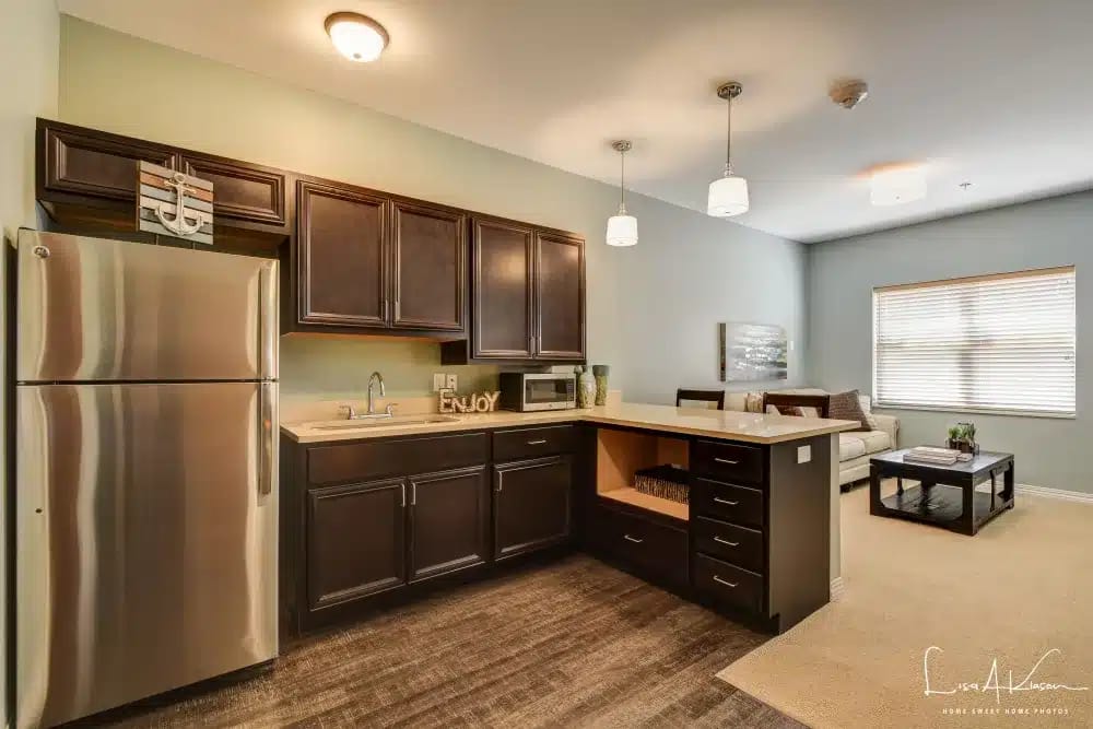 Interior view of a modern kitchen and living area
