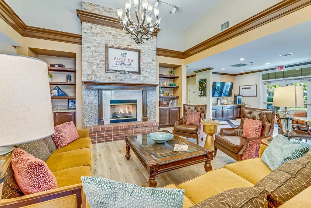 Cozy common area with comfortable seating and fireplace
