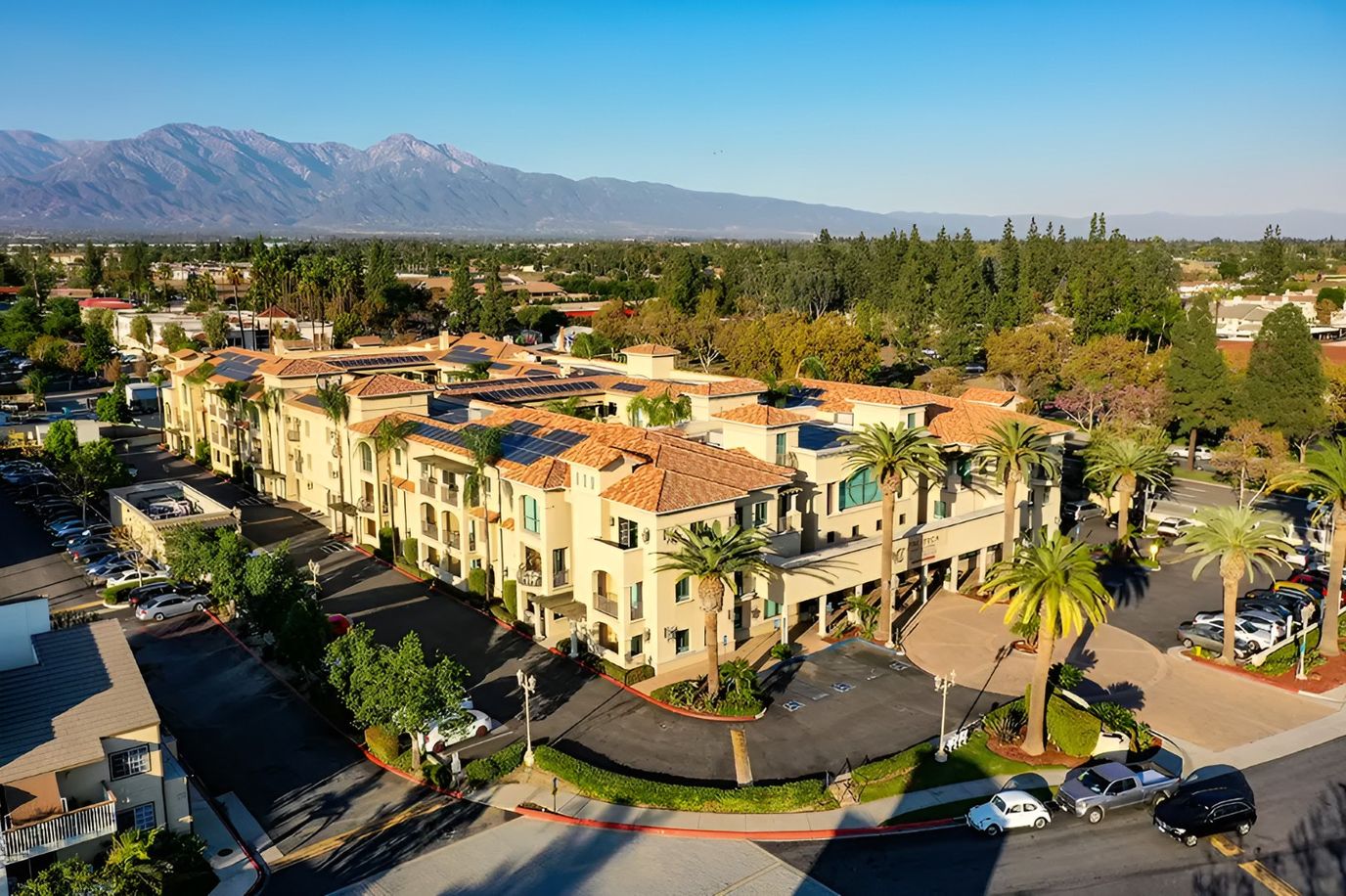 Aerial view of Meridian at Chino facility with mountains in the background