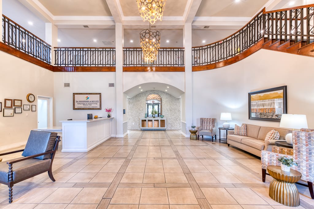 Bright and welcoming lobby area of the assisted living facility