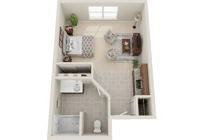 Aerial view of a studio apartment layout