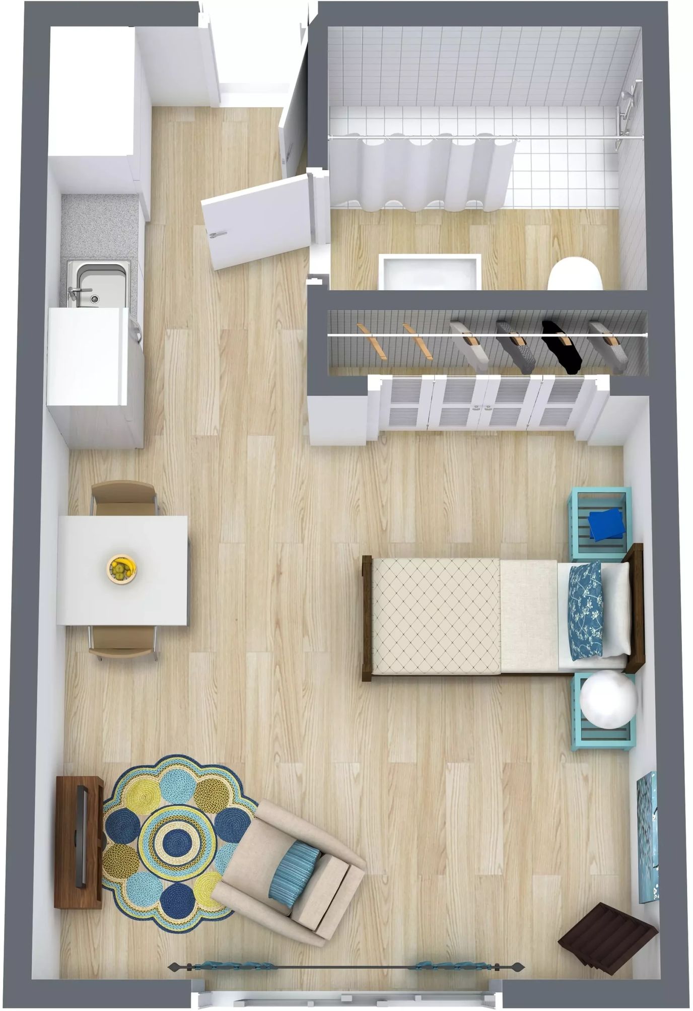 Floor plan of a resident room featuring basic furniture
