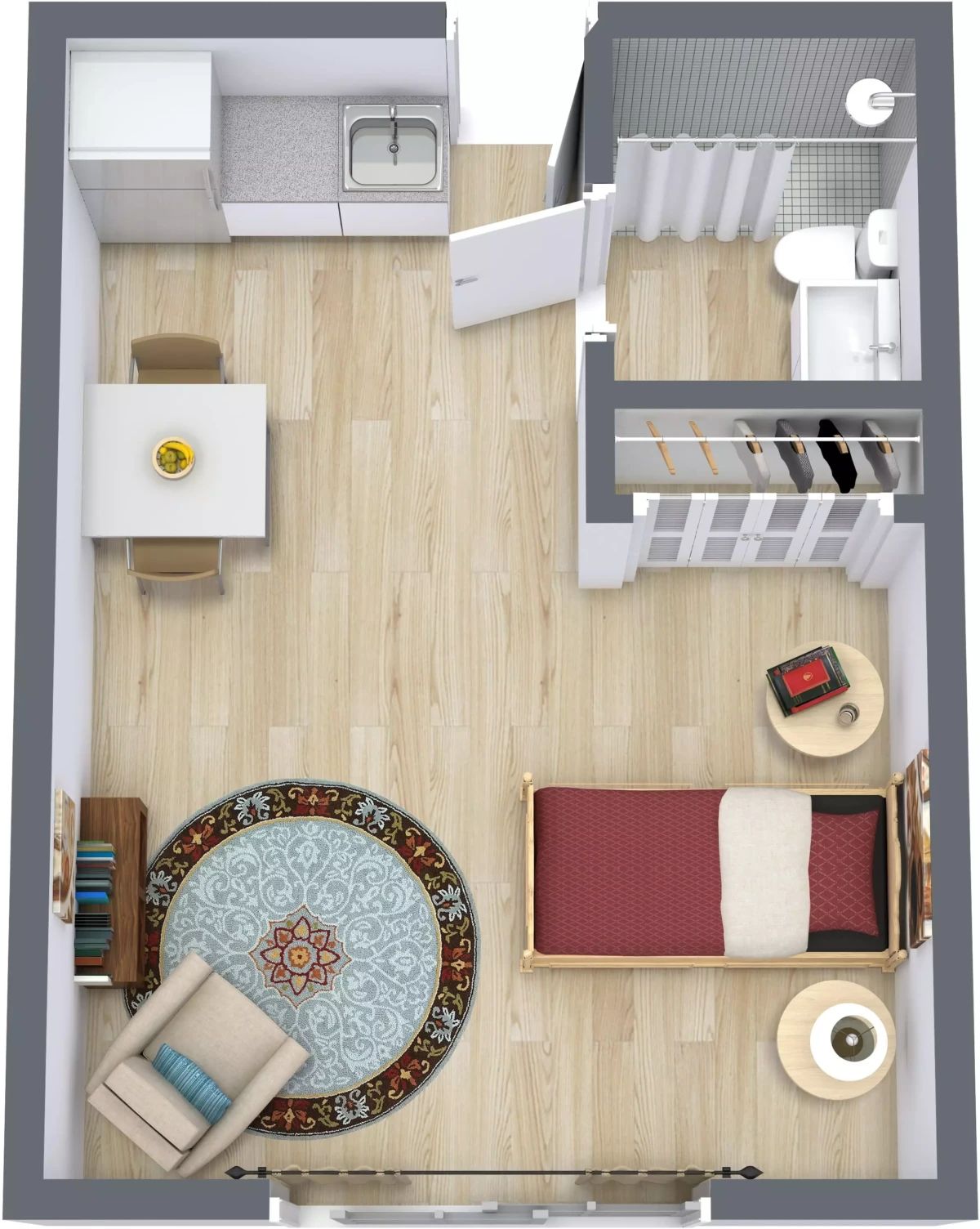 Interior layout of a private resident room with a bed and desk