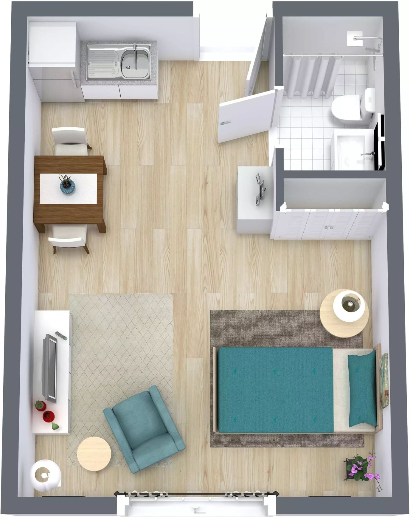 Layout of a private resident room with furniture