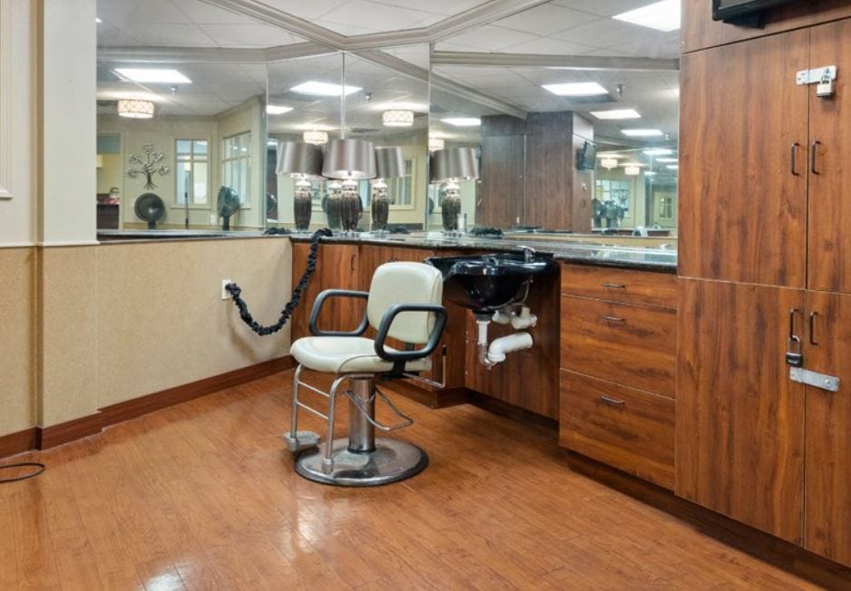 Salon chair and mirror in a senior living facility