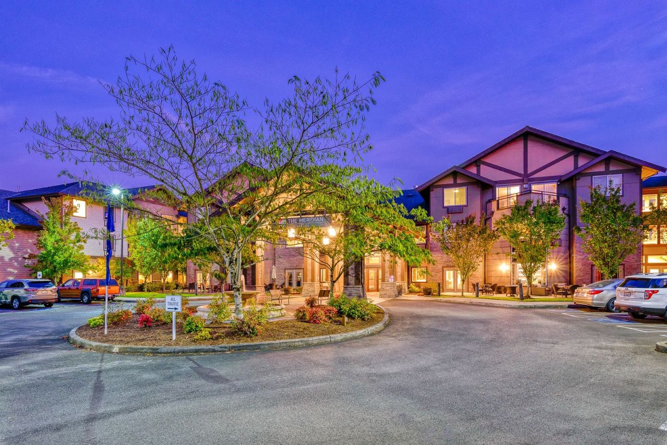 Exterior view of Meridian at Stone Creek during twilight