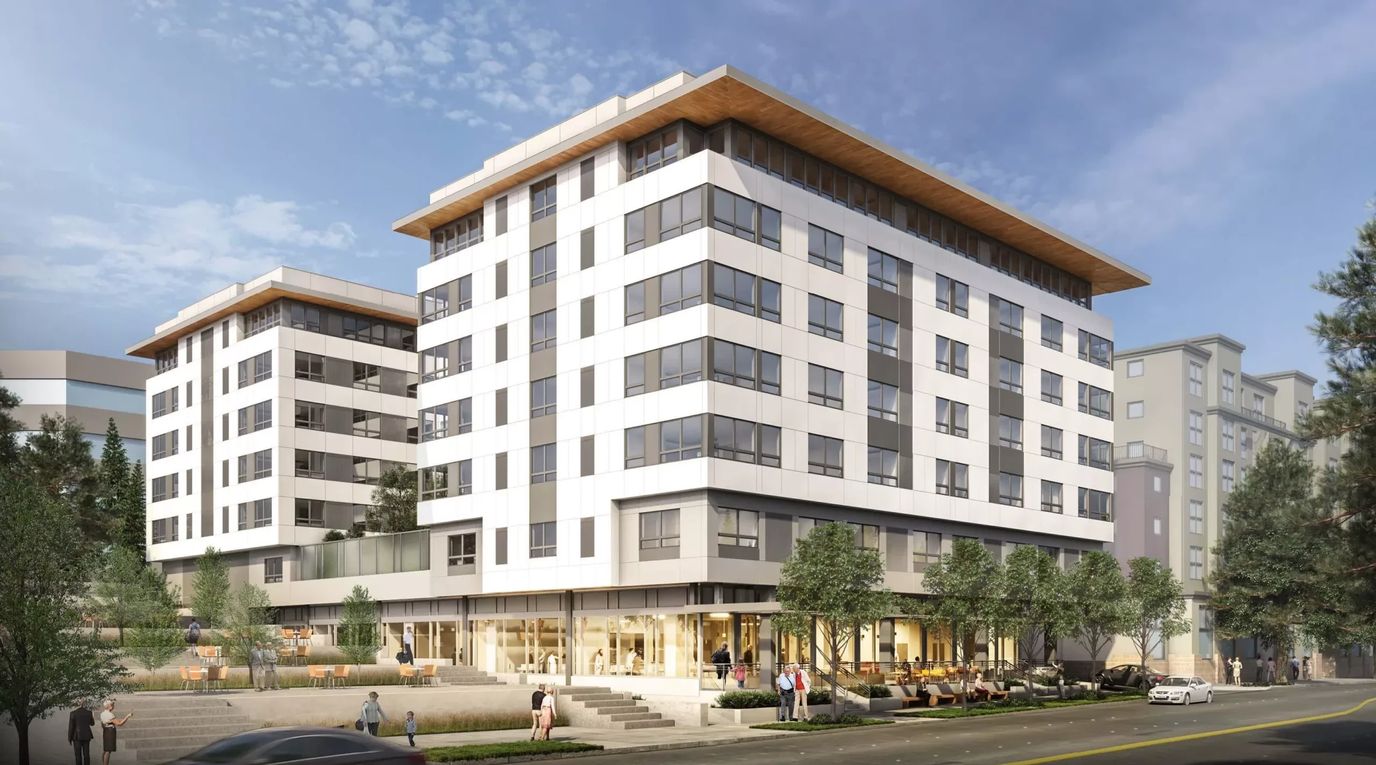 Exterior view of The Watermark at Bellevue with landscaped areas