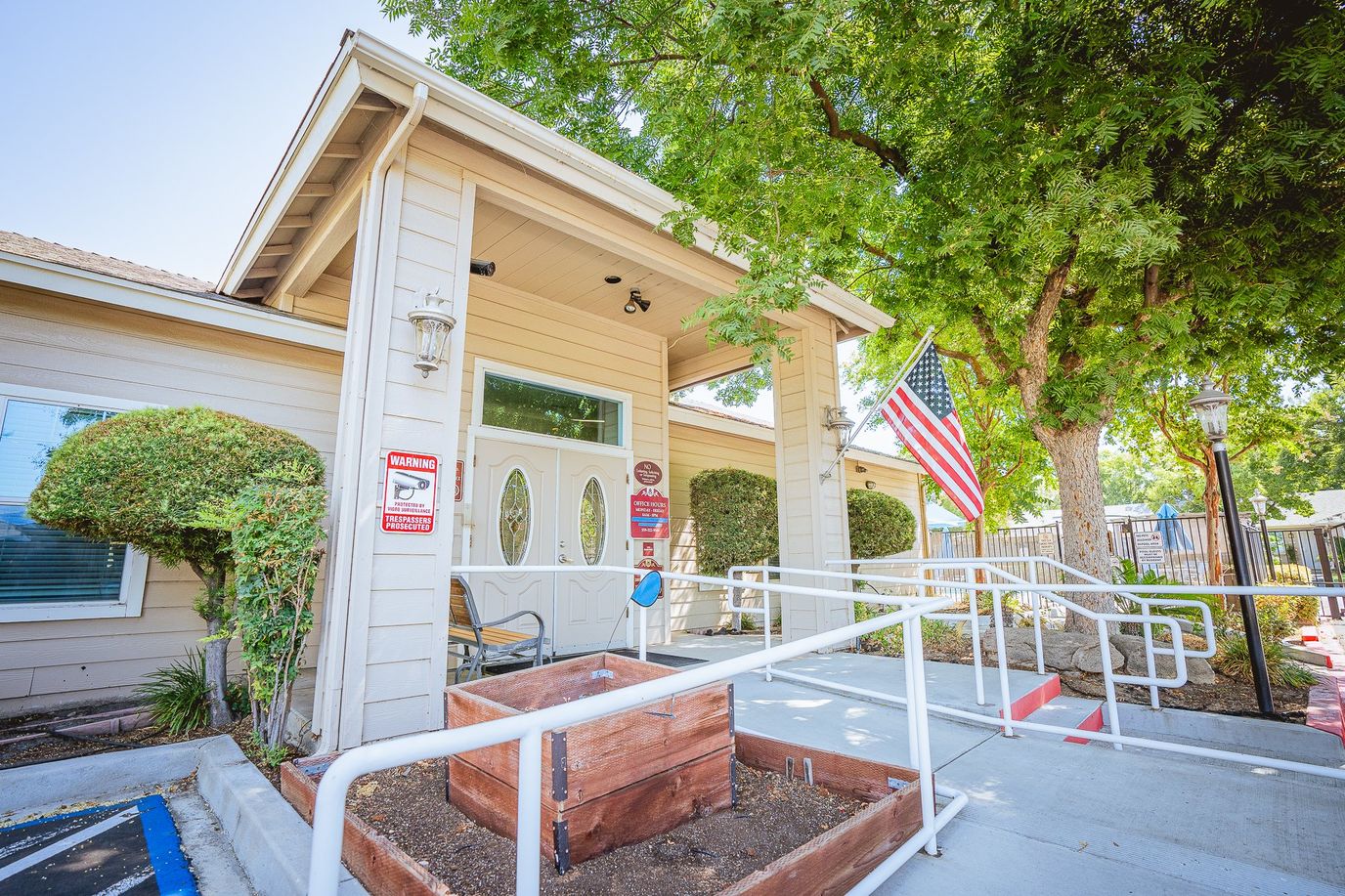 Exterior view of Claremont Senior Apartments entrance
