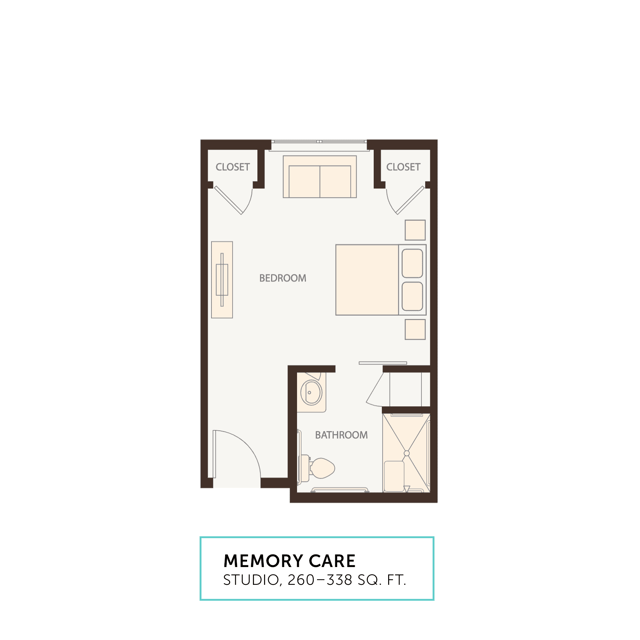 Architectural floor plan of a memory care studio