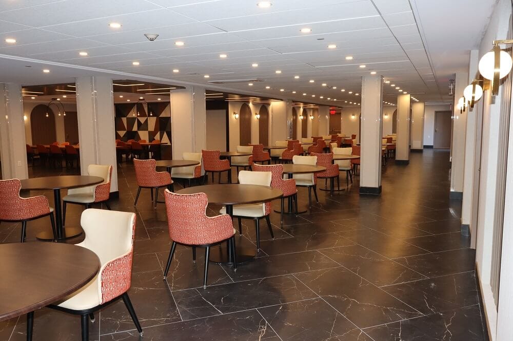 Bright dining area with tables and chairs