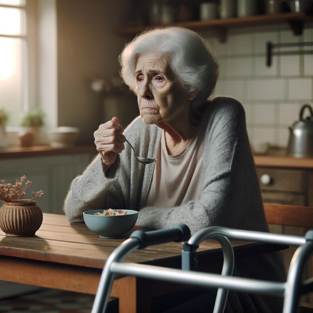 An elderly woman eating breakfast at a kitchen table