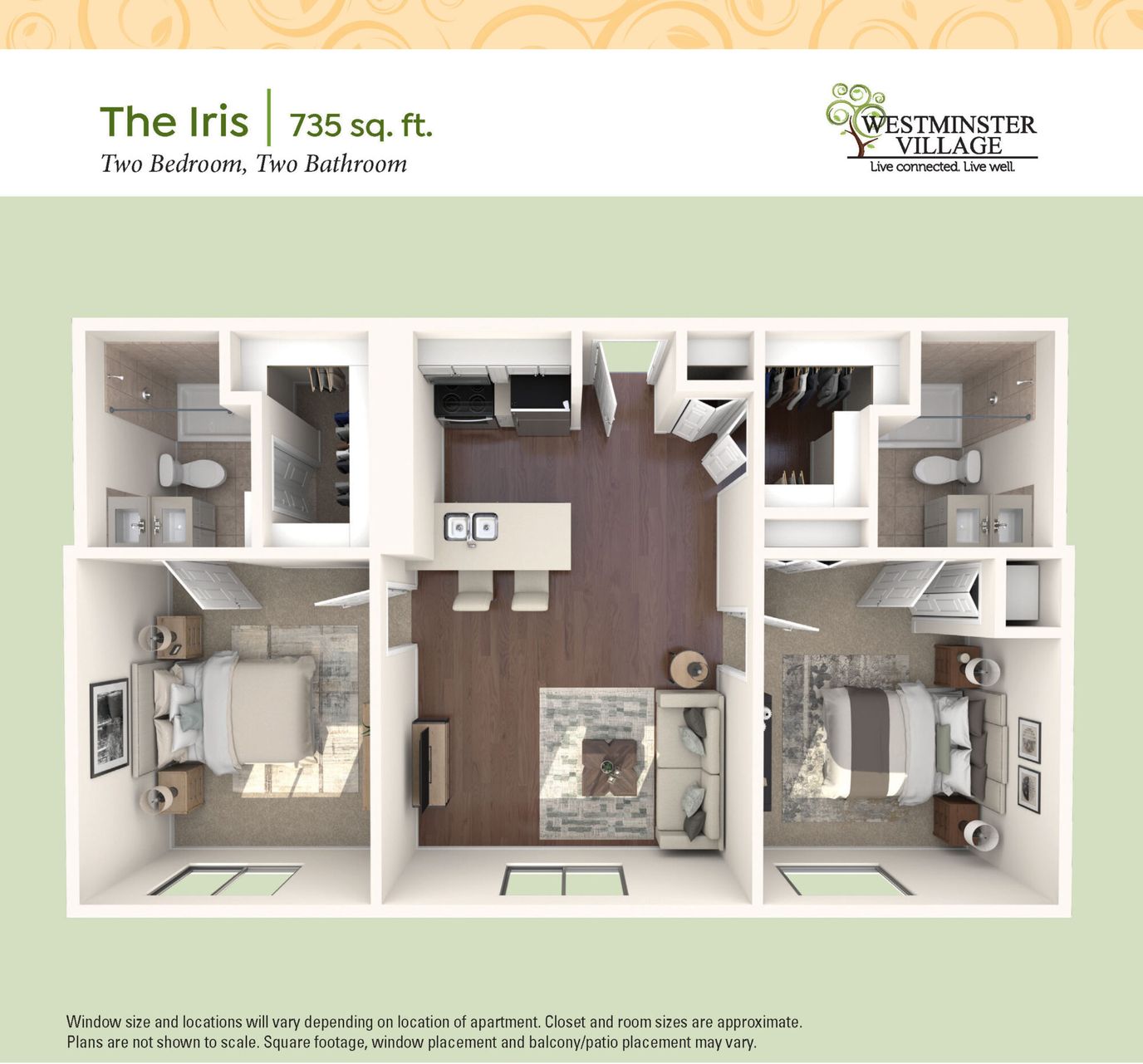 Architectural floor plan of a two-bedroom apartment
