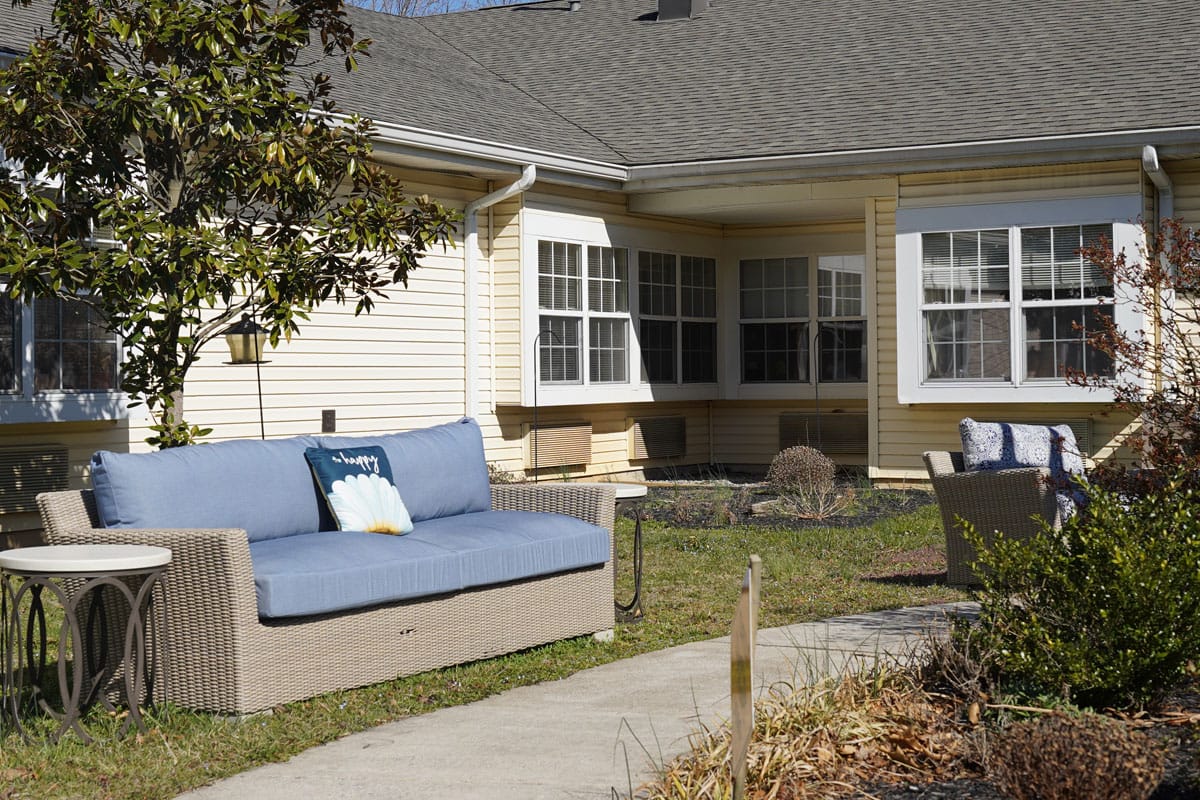 Outdoor seating area in a serene garden
