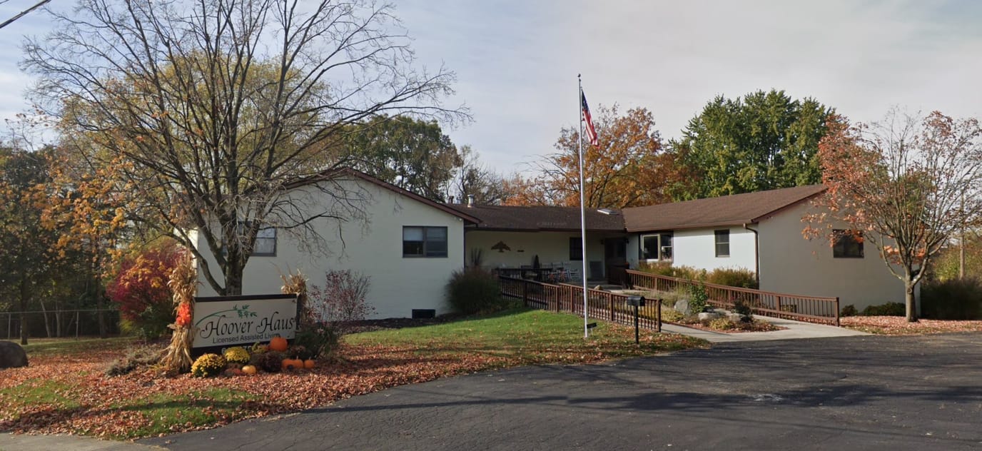 Exterior view of Hoover Haus with fall foliage