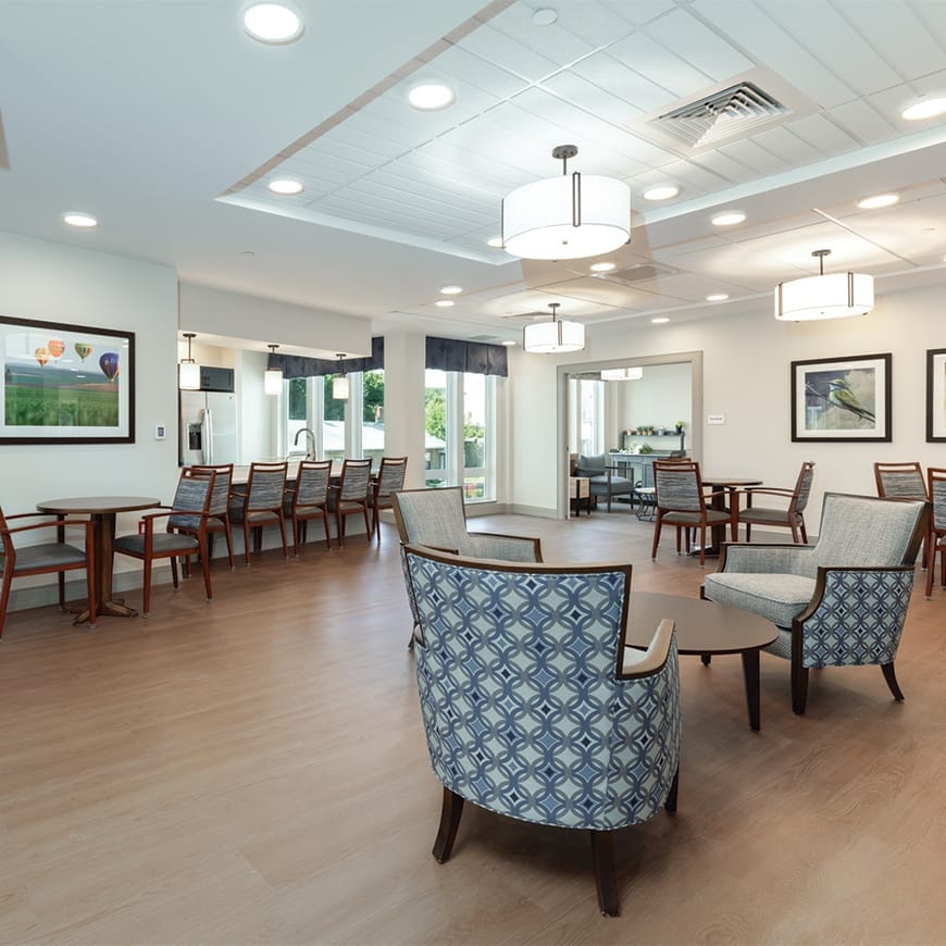 Bright and spacious common area with seating
