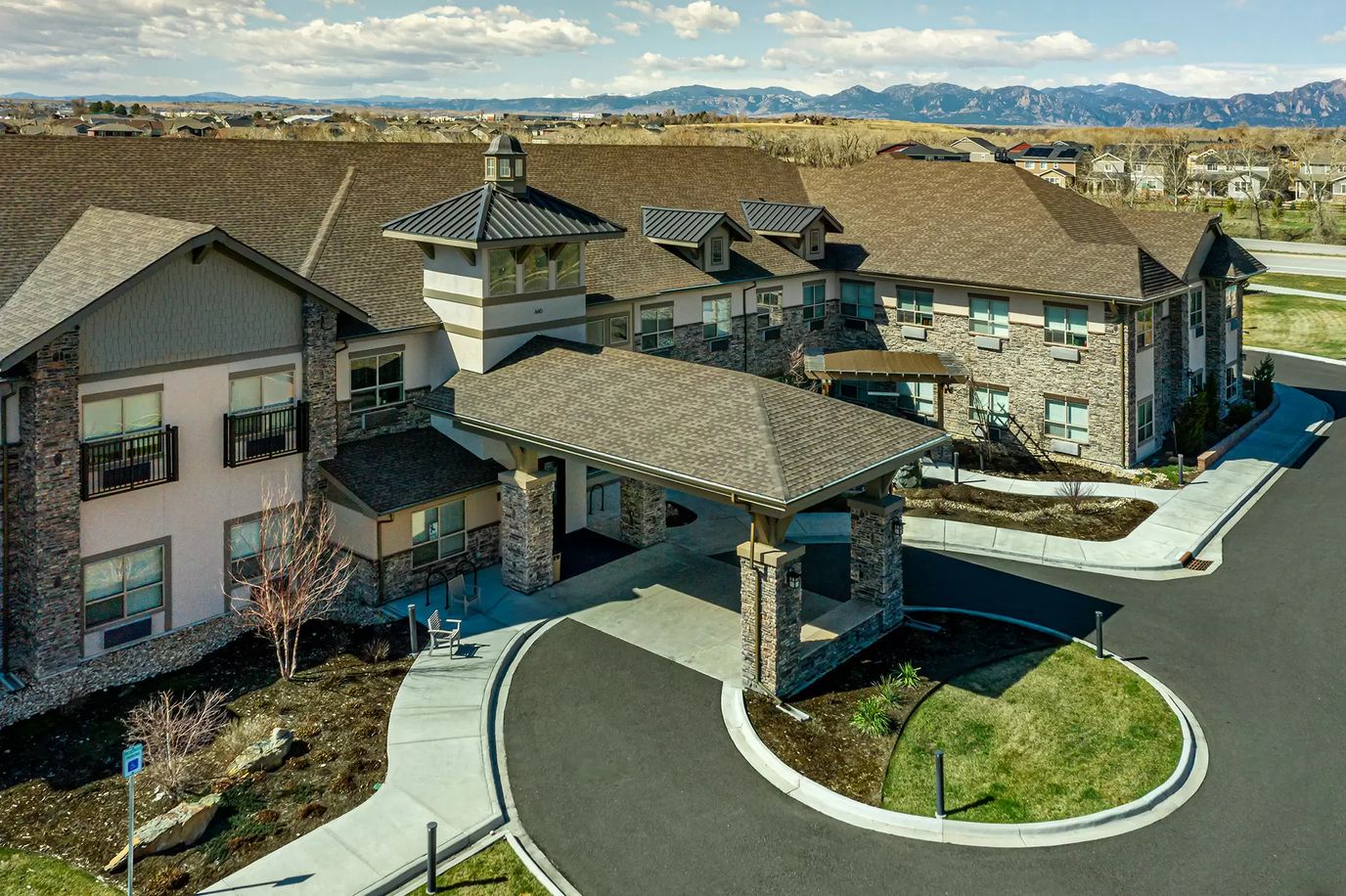 Aerial view of the facility entrance and landscaping