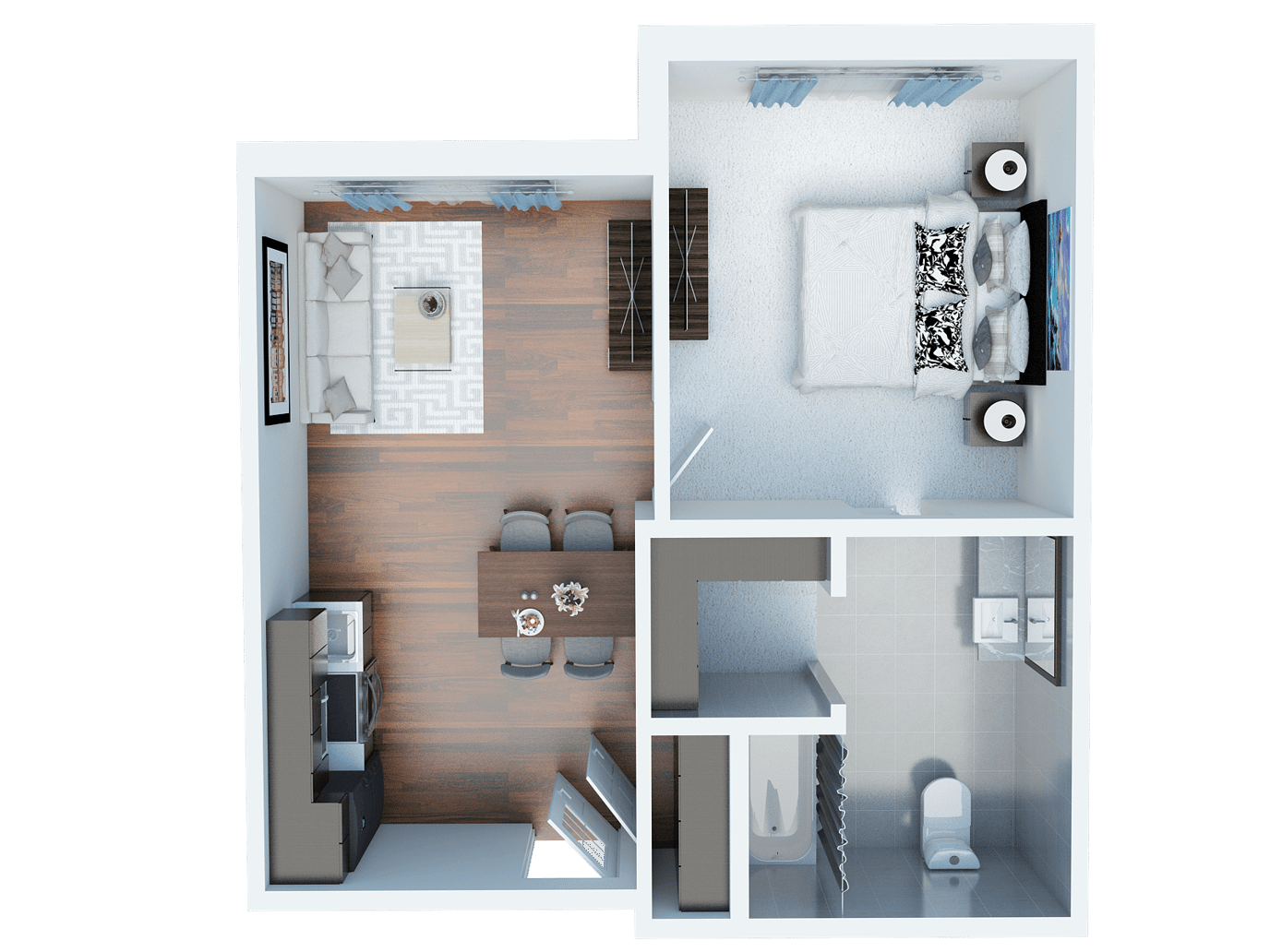 Floor plan of a one-bedroom senior living unit