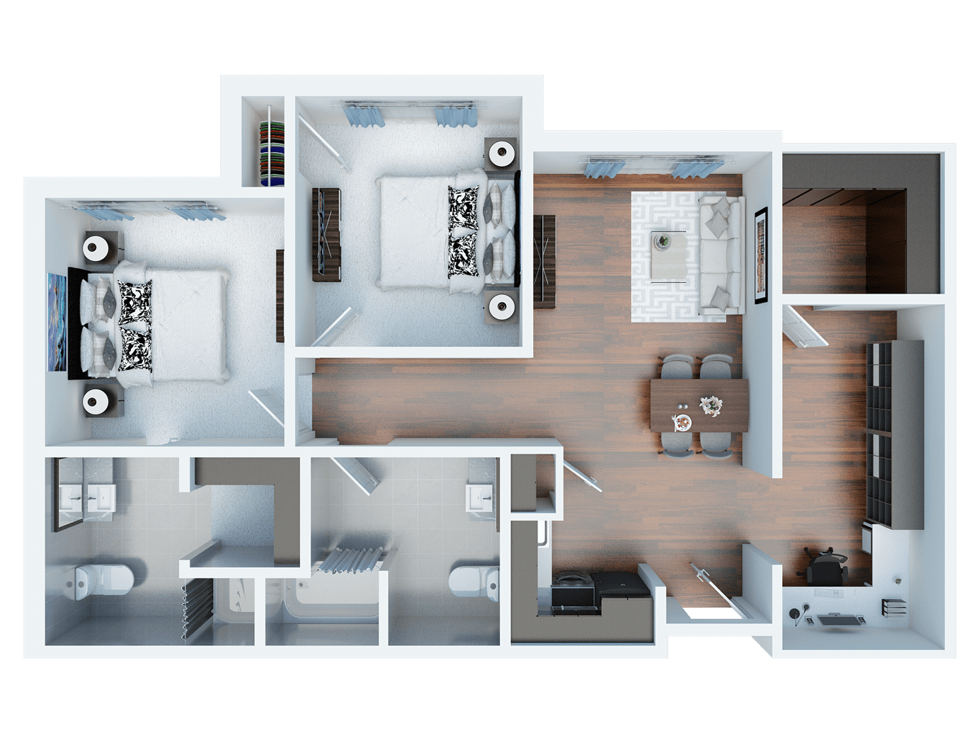 Architectural floor plan of a two-bedroom unit