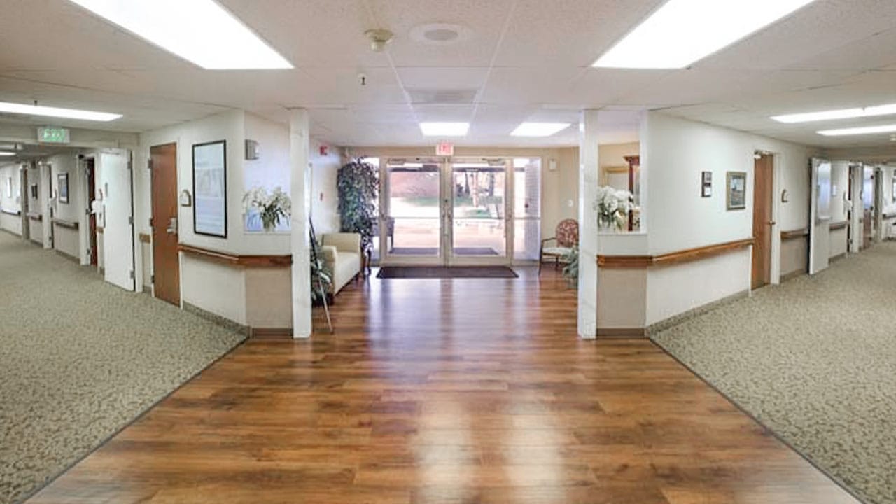 Interior view of a senior living facility hallway