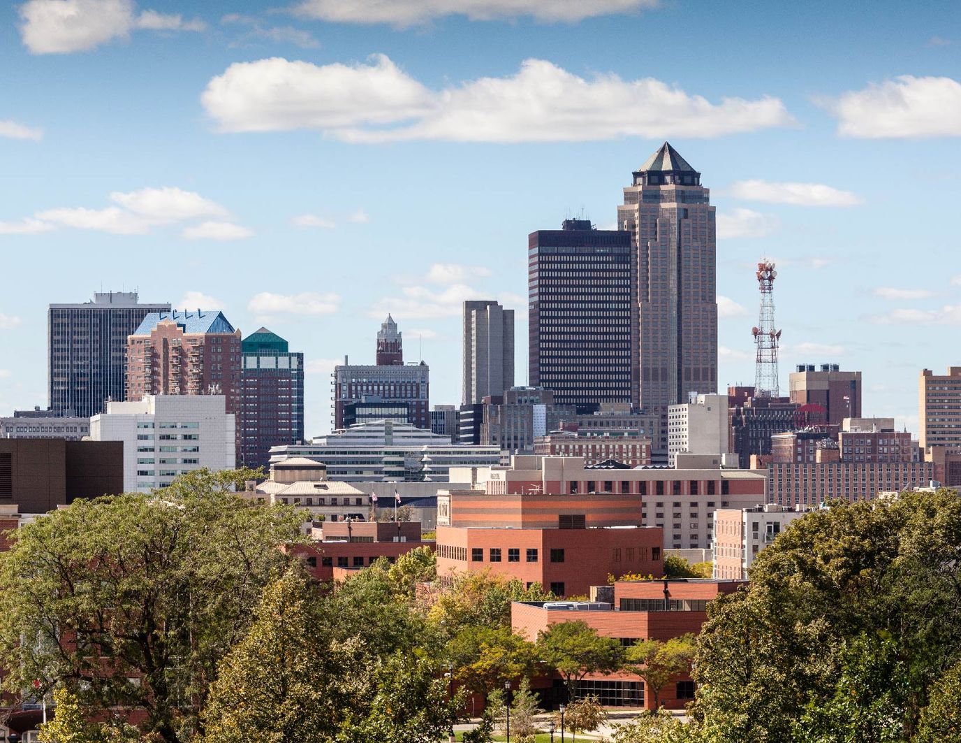 City skyline with green trees in foreground