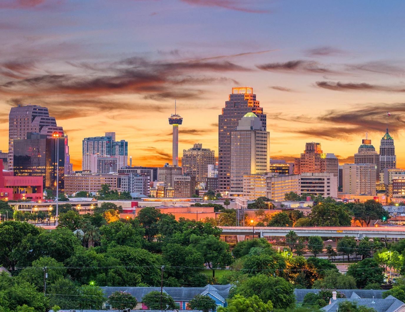 City skyline during sunset with greenery in foreground.