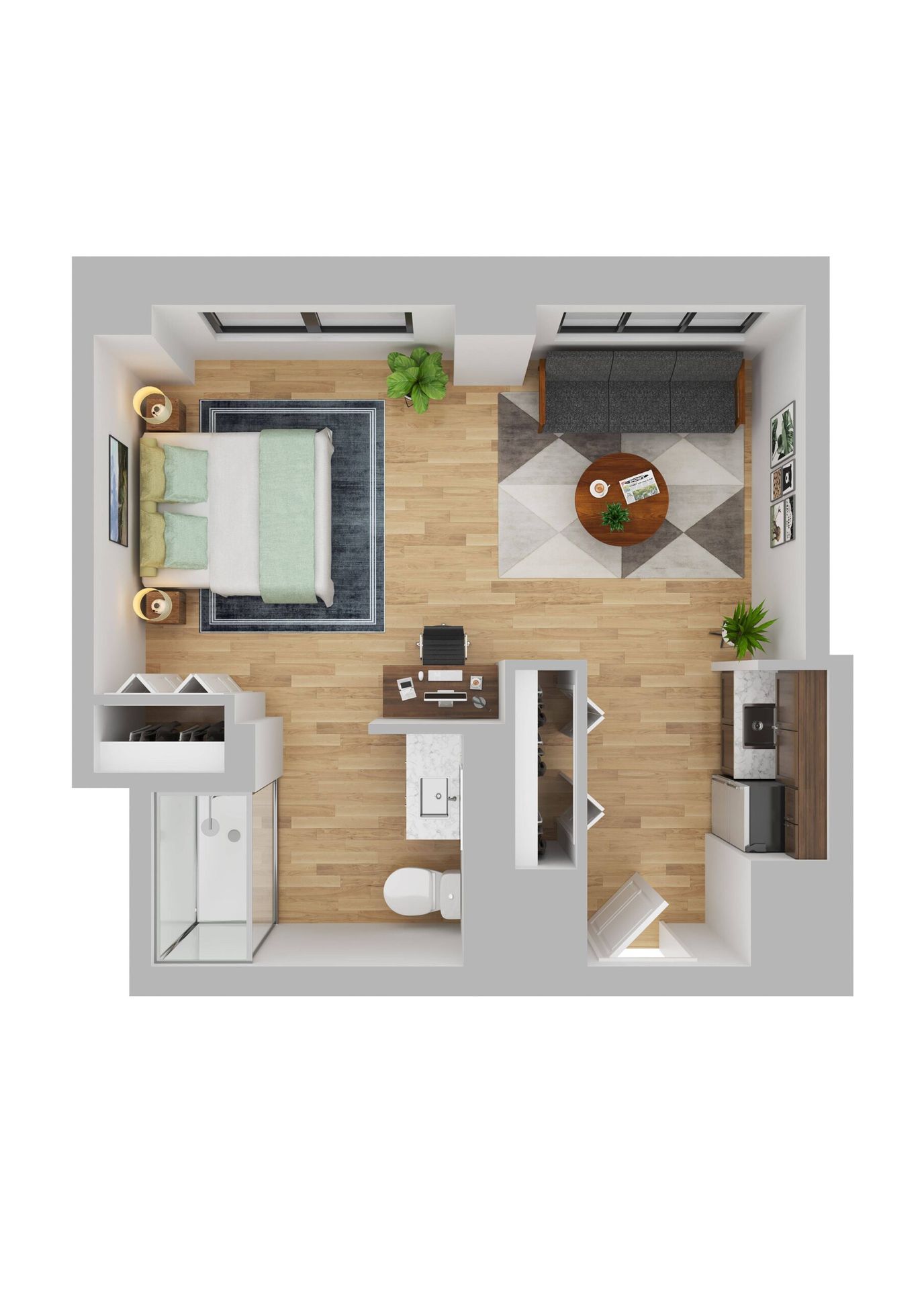 Floor plan of a private resident room with living area