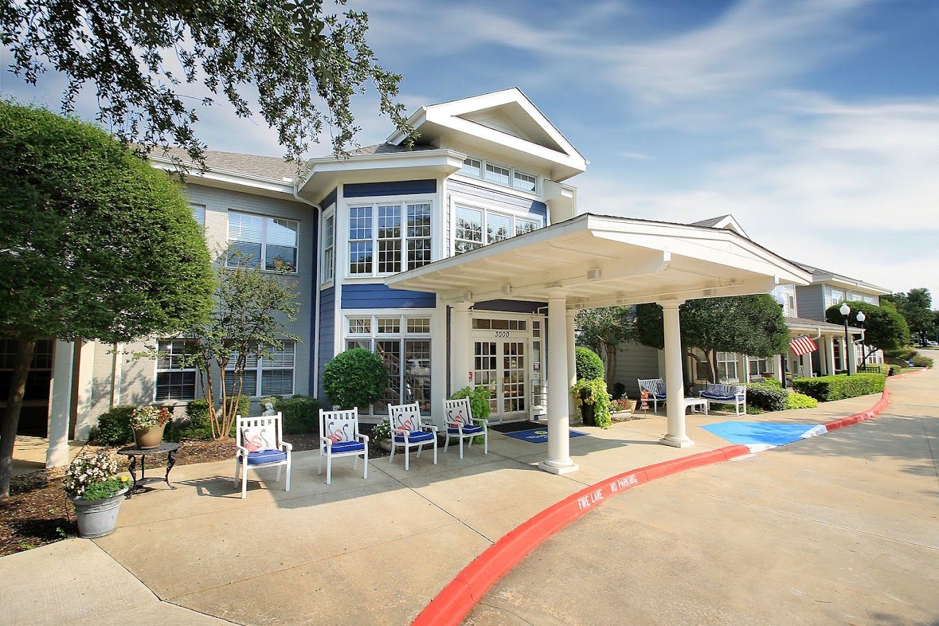 Exterior view of Wyndham Court with a covered entrance