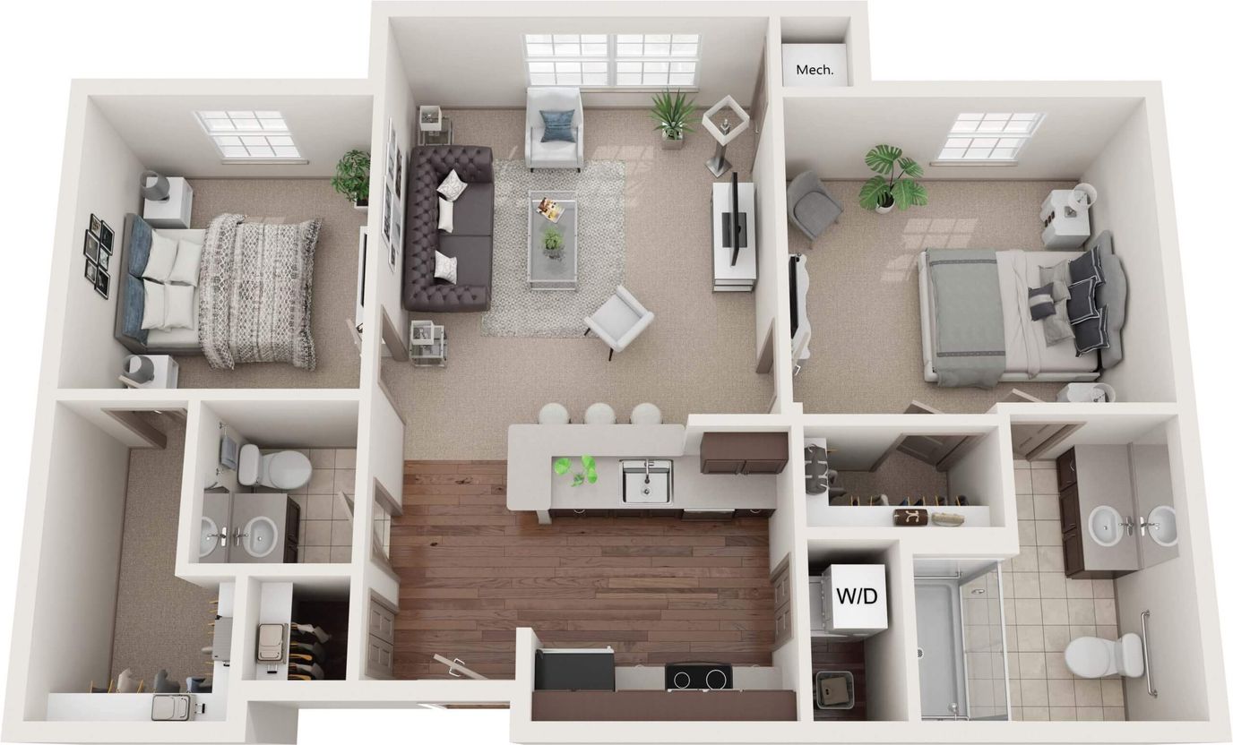 Floor plan of a two-bedroom apartment layout