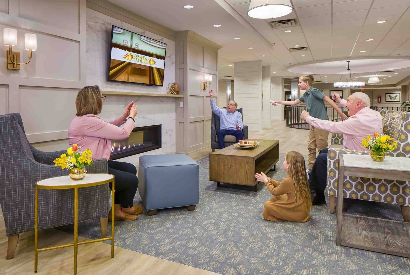 Residents engaged in an indoor recreational activity