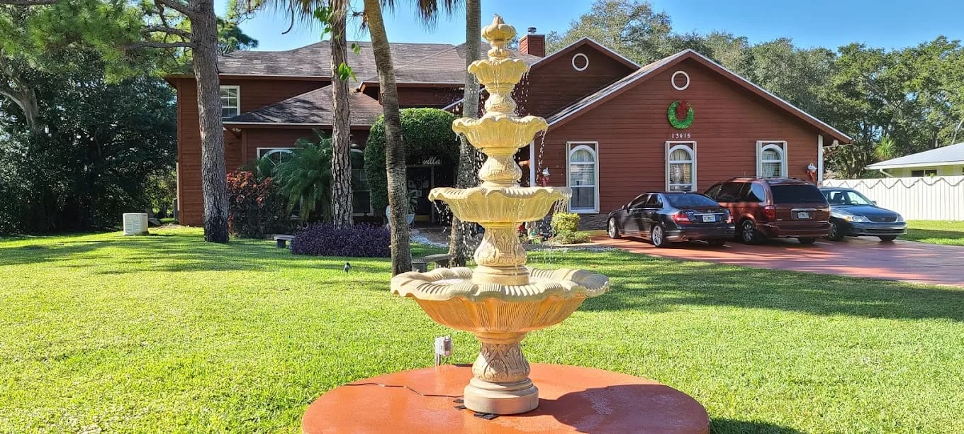 Outdoor fountain in front of the facility building