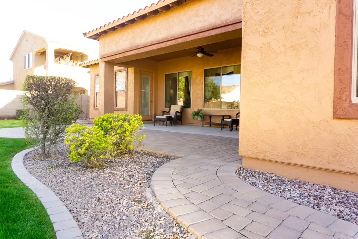 Outdoor view of a patio area with seating