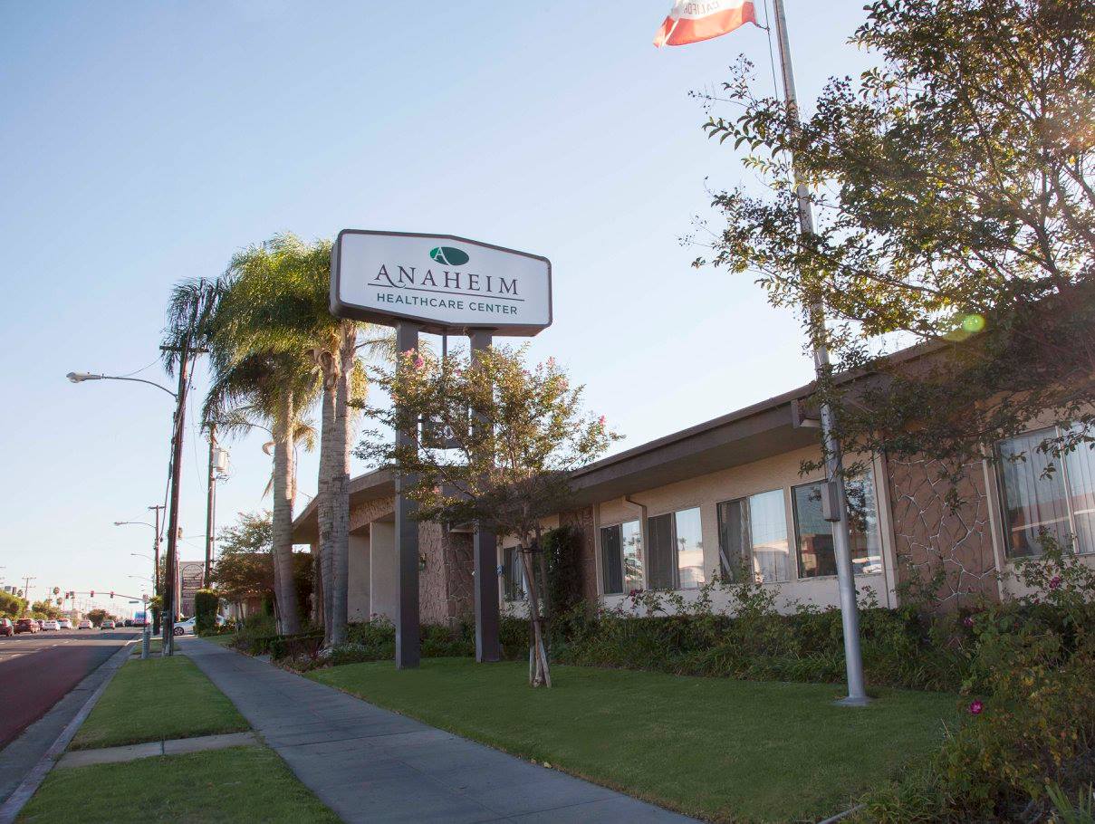 Exterior view of Anaheim Healthcare Center with signage