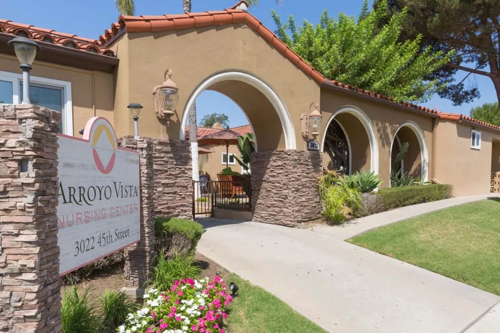 Entrance of Arroyo Vista Nursing Center with landscaping