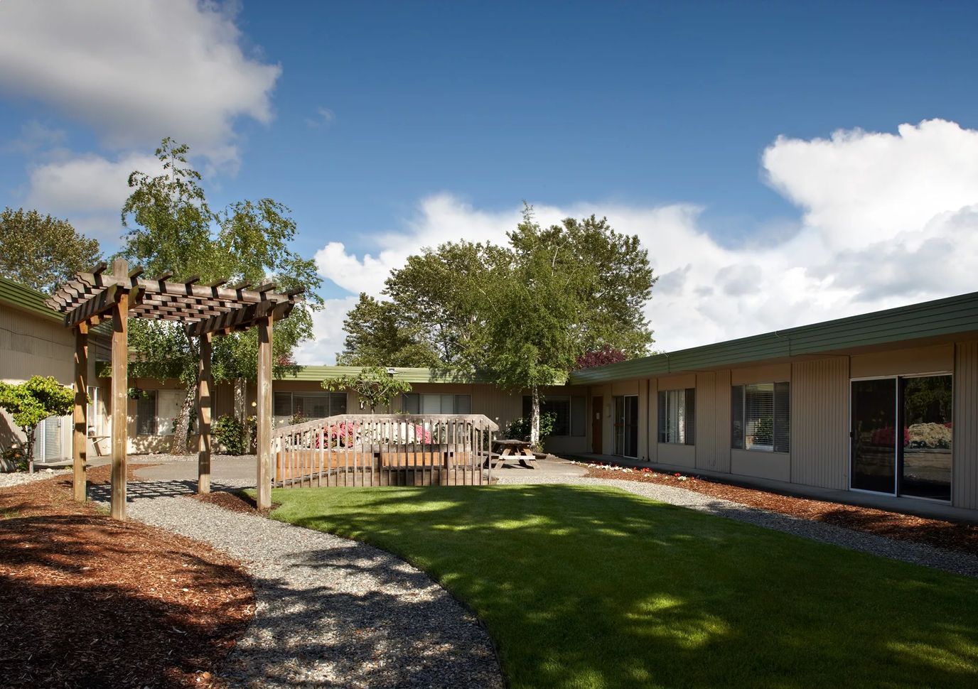 Well-maintained outdoor space with seating and gardens
