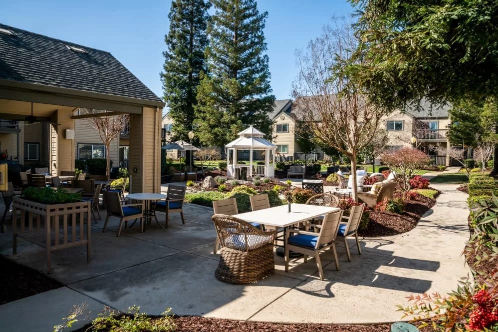 Well-maintained outdoor garden area with seating