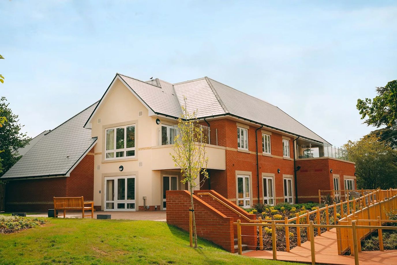Exterior view of a modern assisted living facility