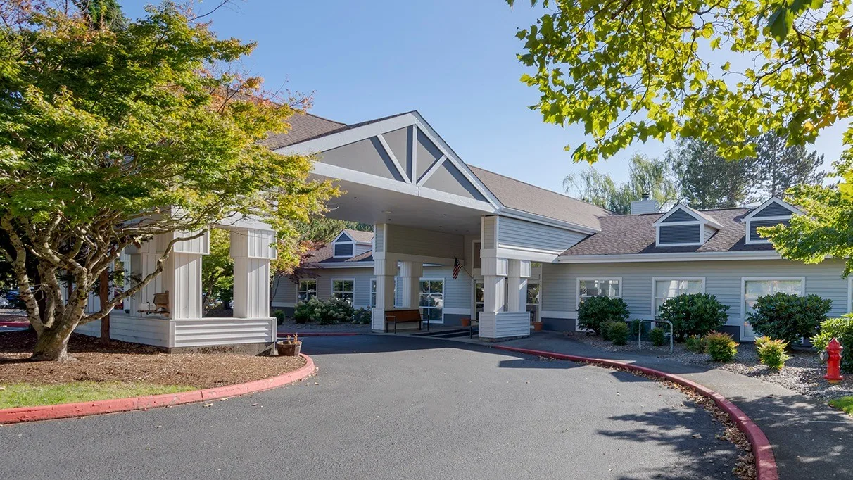 Exterior view of a senior living facility entrance