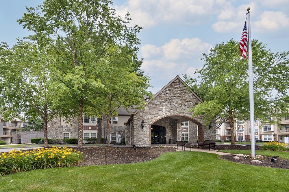 Exterior view of a senior living facility entrance
