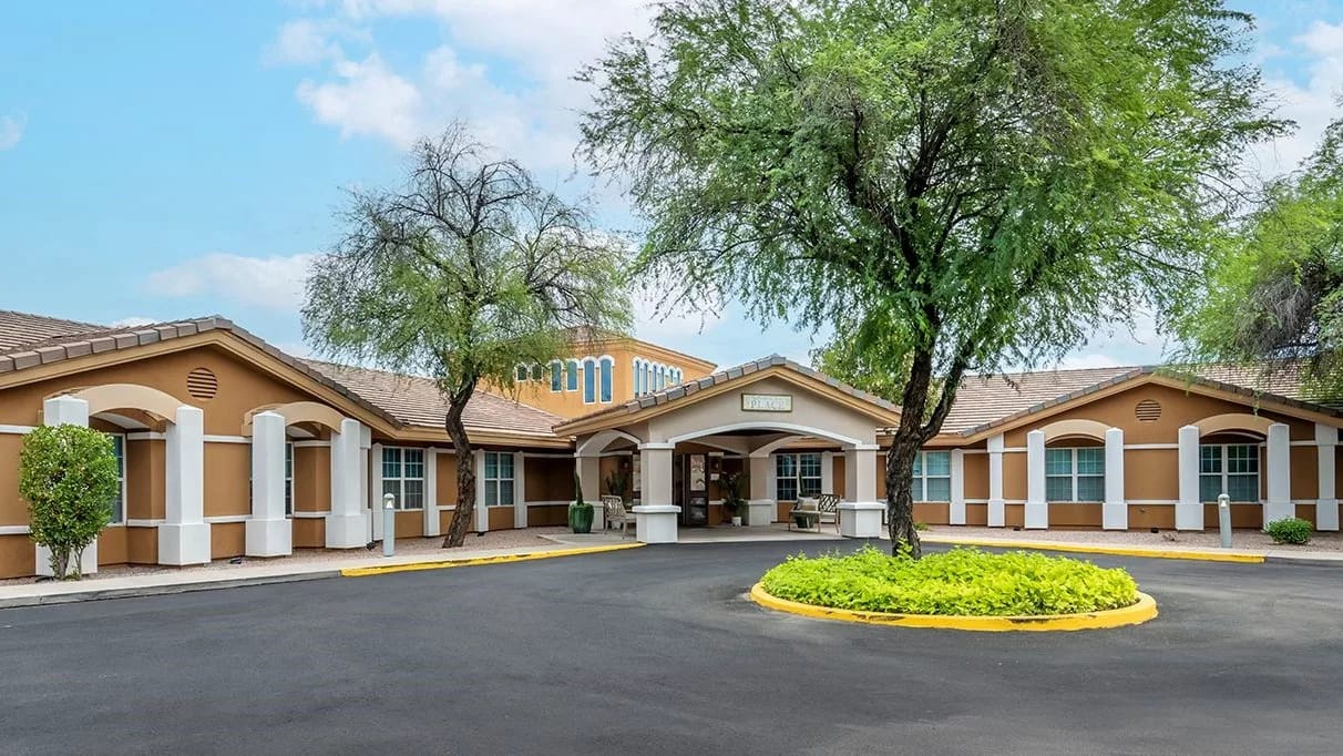 Exterior view of a senior living facility entrance