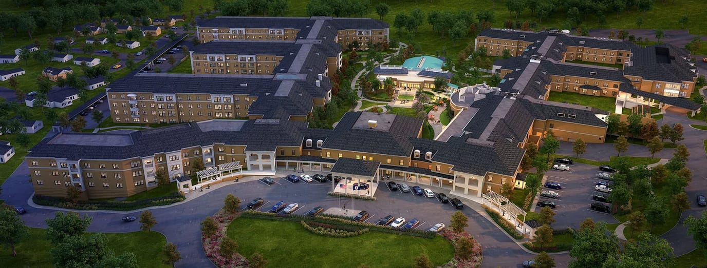 Aerial view of Cedarfield senior living campus with outdoor spaces