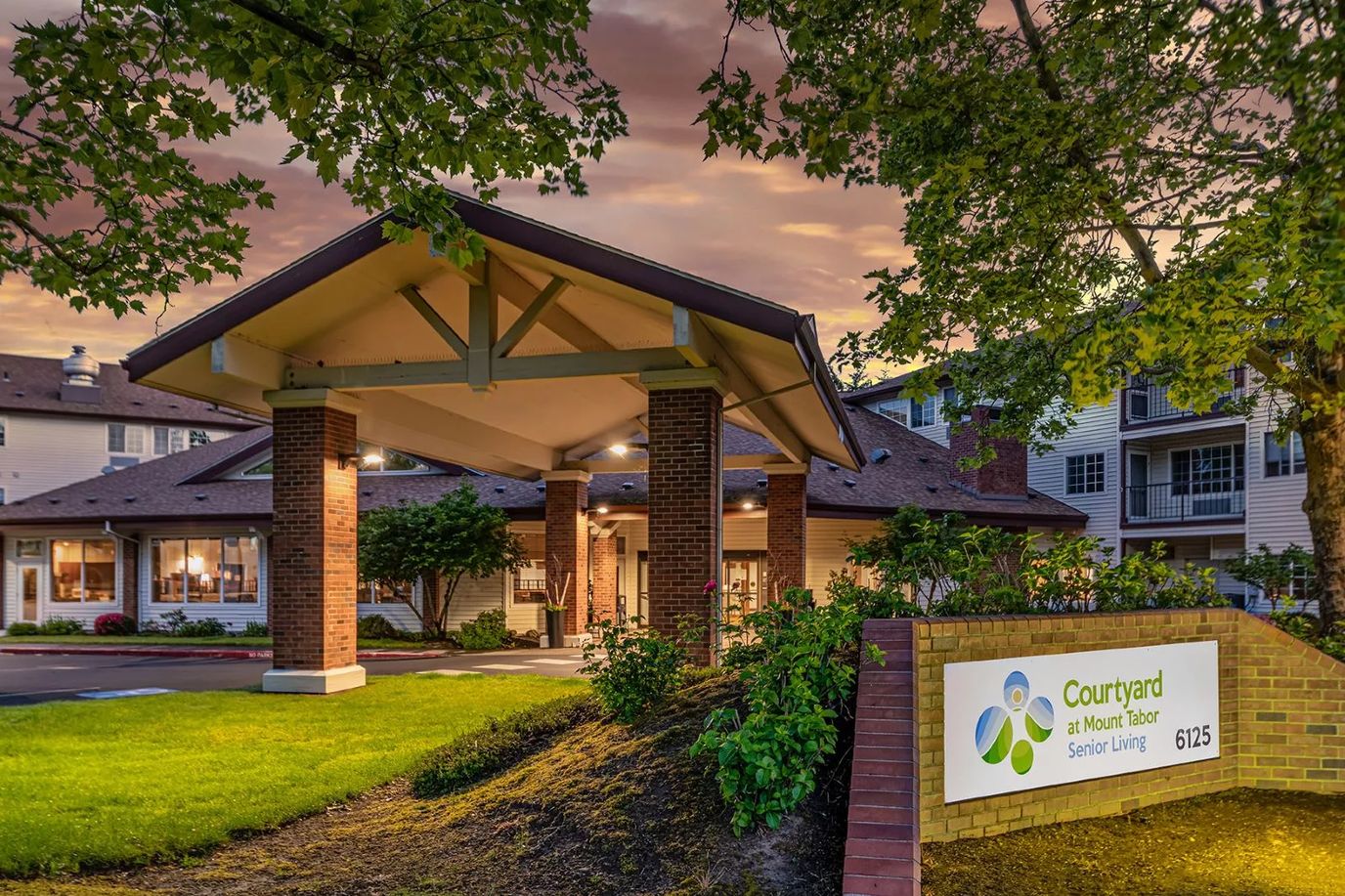 Entrance of Courtyard at Mount Tabor with vibrant sunset