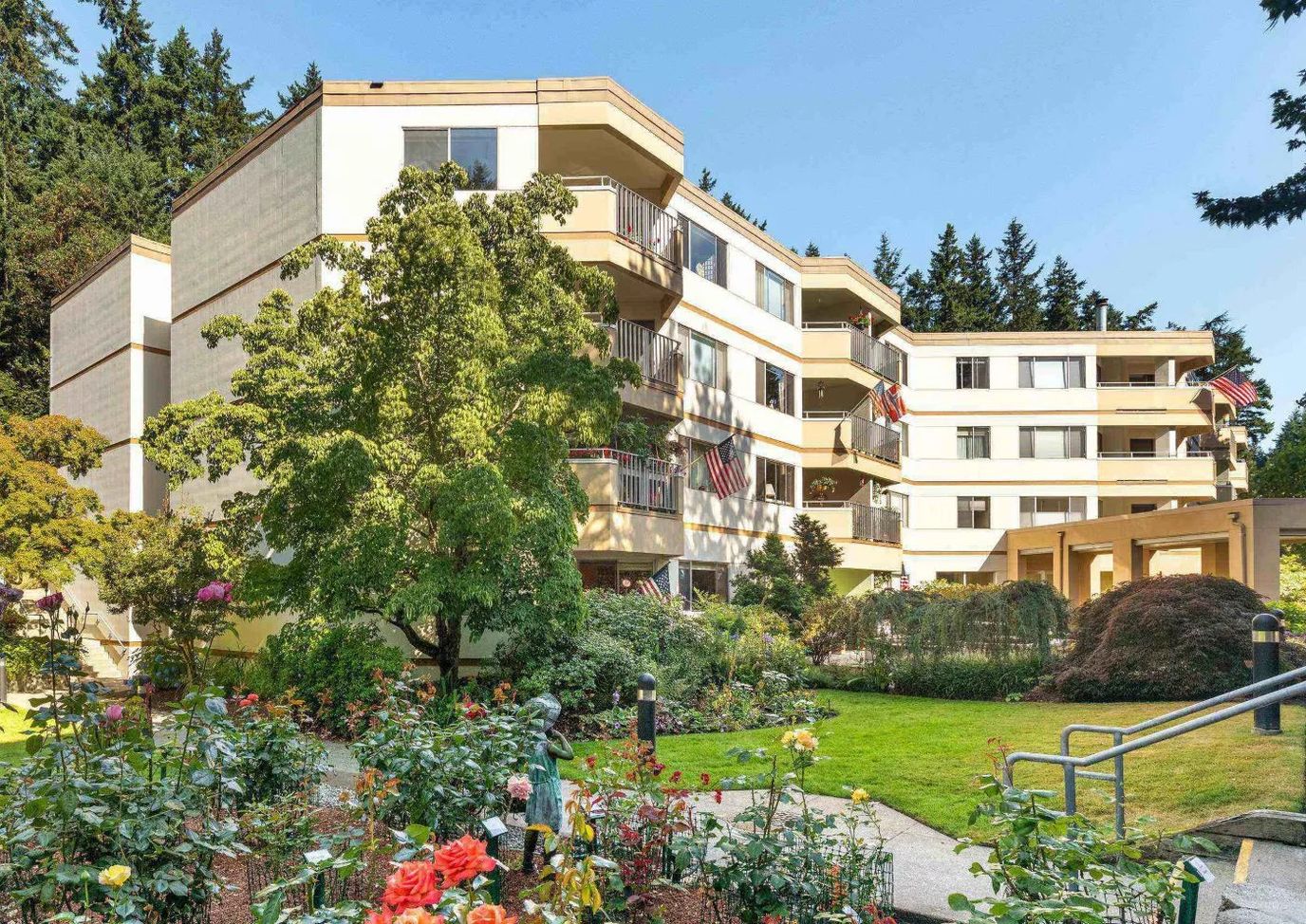Exterior view of Cristwood facility surrounded by gardens