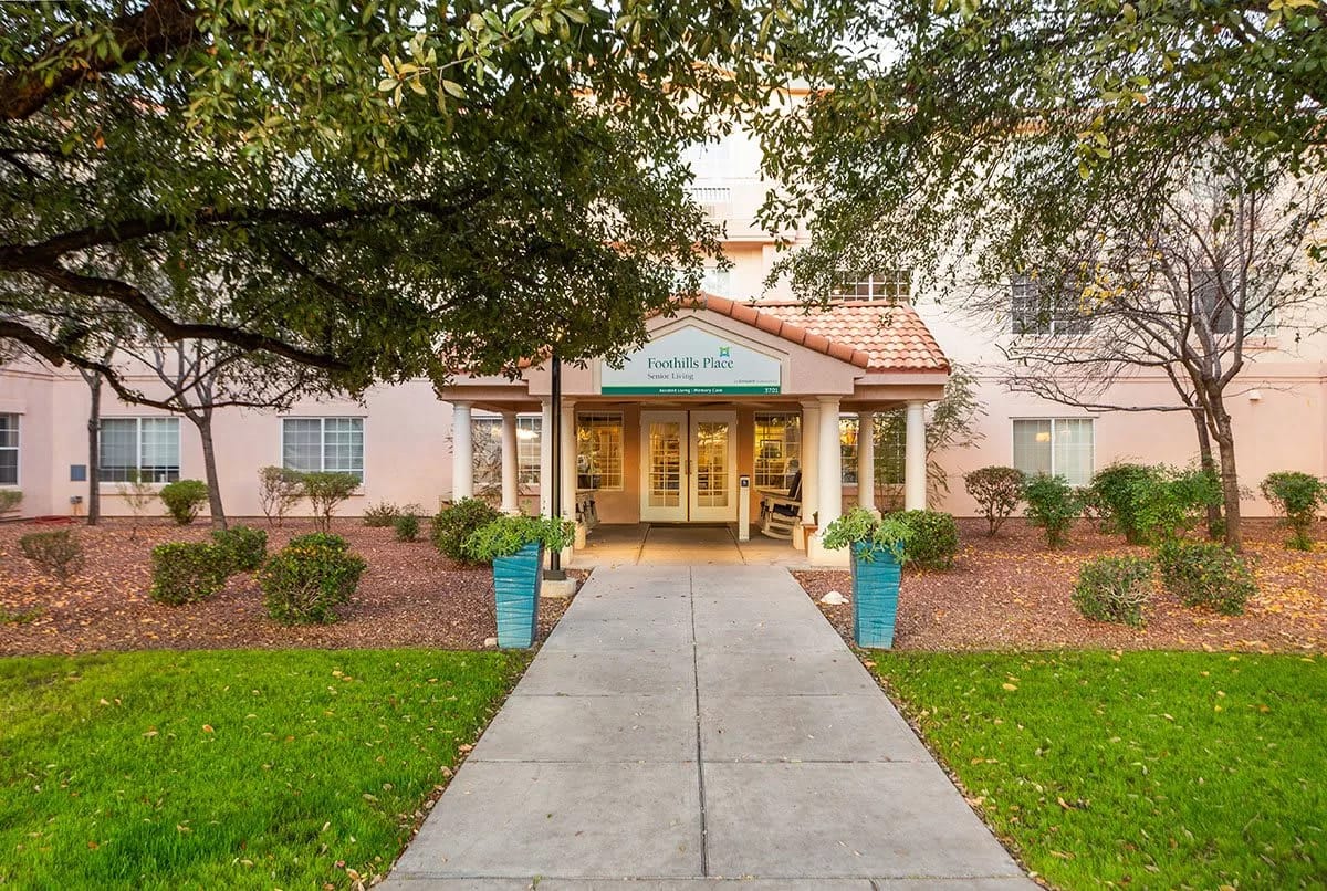 Entrance of Foothills Place with landscaped walkways